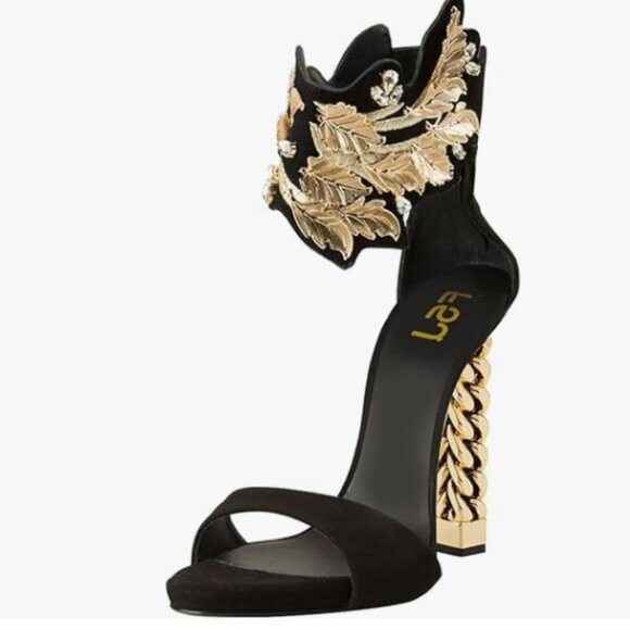 FSJ Shoes - FSJ Black Vine Gold Metal Chain Chunky High Heels Ankle Strap Sandals Open Toe